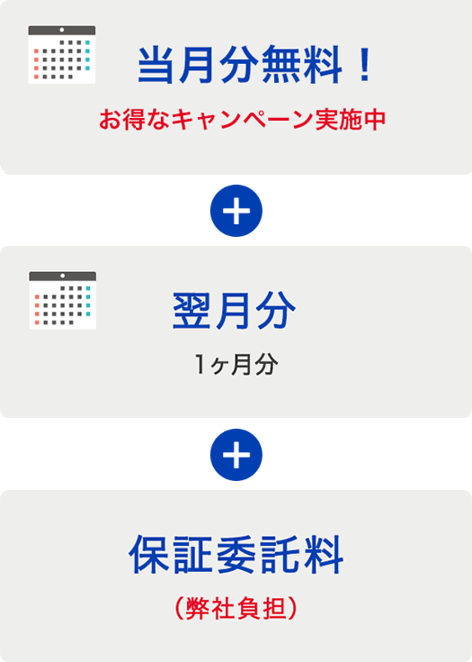 初期費用（当月分無料（お得なキャンペーン実施中）＋翌月分（1ヶ月分）＋保証委託料（当社負担））