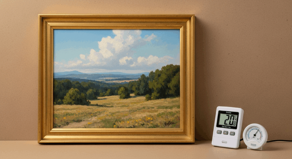保管している油絵のそばにデジタル温湿度計を置く