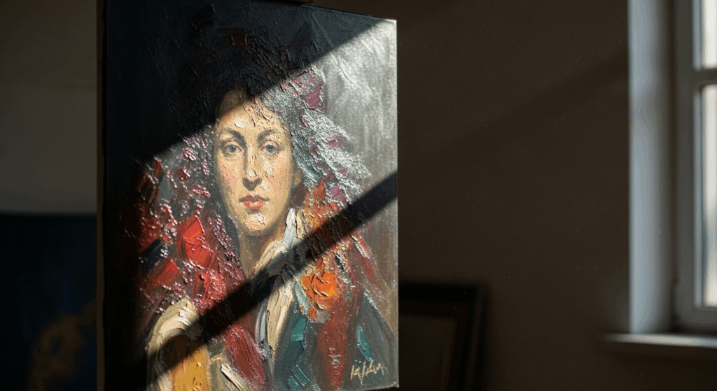 窓から差し込む太陽光、紫外線にさらされている油絵