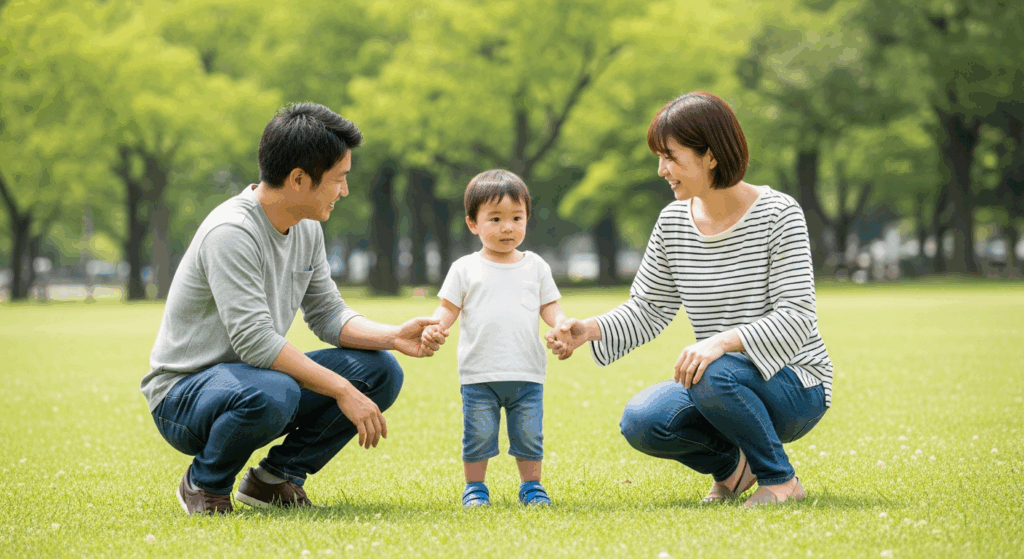 休日を公園で過ごす、パパとママと子供