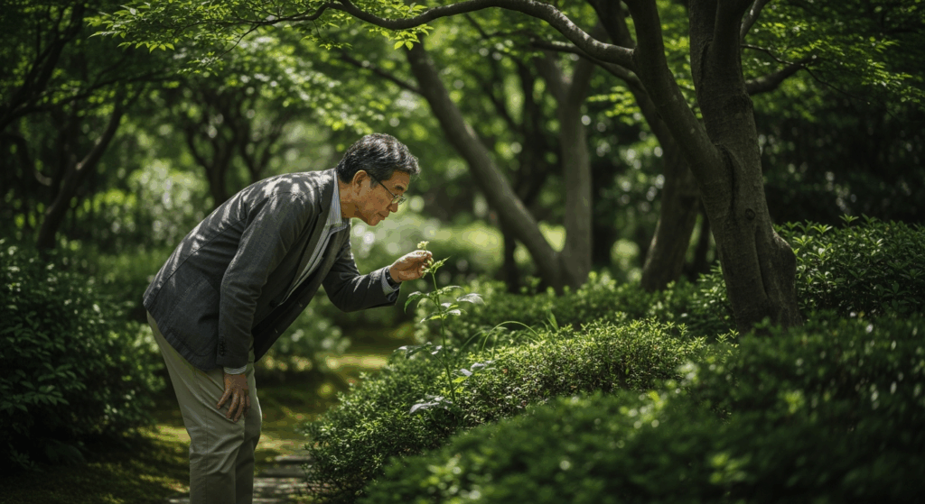 植物を観察している60代男性