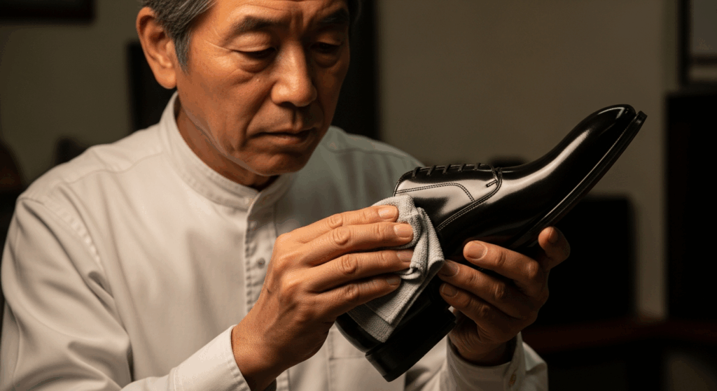 靴を丁寧に磨いている男性