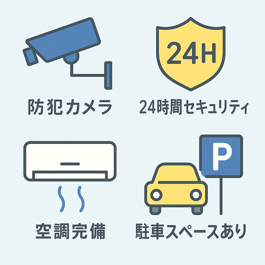 トランクルームの設備（防犯カメラ、警備、空調、駐車スペース）