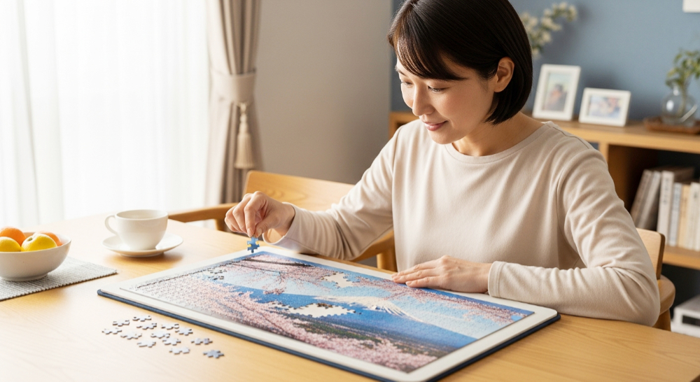 ジクソーパズルを楽しむ主婦
