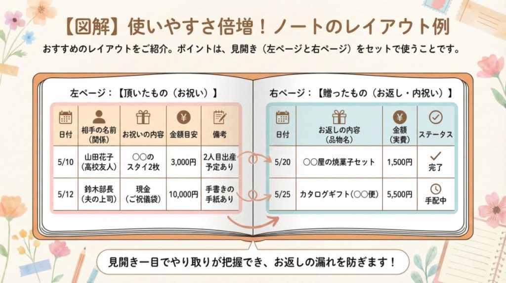 お付き合いノートのレイアウト例