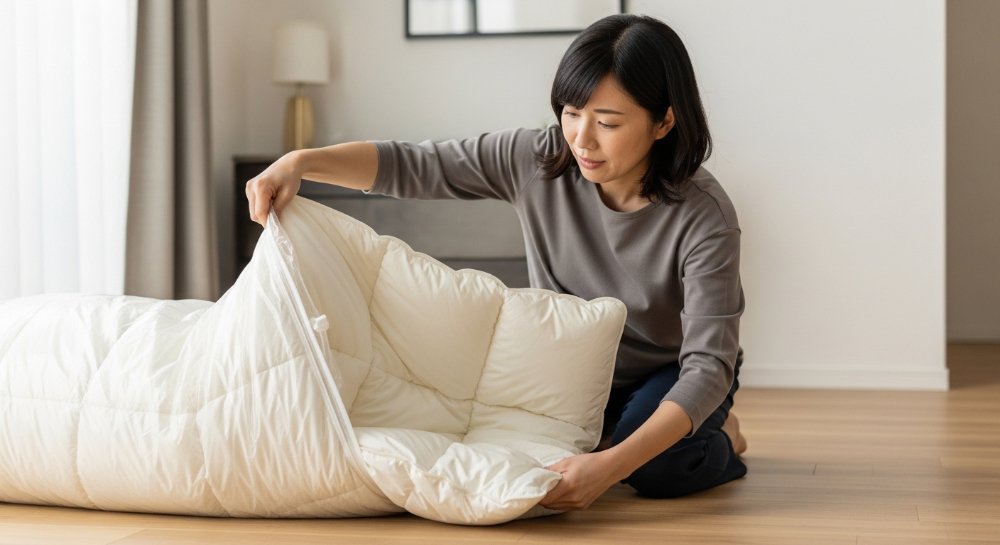 圧縮袋から羽毛布団を取り出す